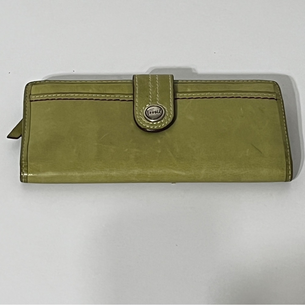 Fossil Leather Bifold Window Pockets Organizer Check Green Wallet